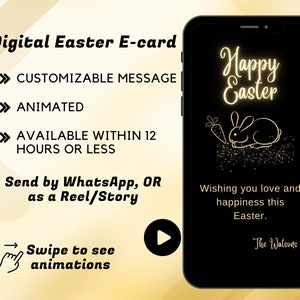 Carte électronique Joyeuses Pâques | Carte de Pâques personnalisée | E-Carte animée Pour envoyer des SMS | Lapin de Pâques noir et or | Téléchargement numérique