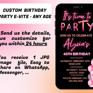Custom Digital Birthday Party invitation for Women | Electronic Party Invite | Orange and Pink Balloon evite | 20th 30th 40th 50th Any Age