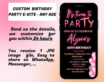 Custom Digital Birthday Party invitation for Women | Electronic Party Invite | Orange and Pink Balloon evite | 20th 30th 40th 50th Any Age