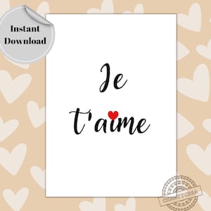 Eu taime | Eu te amo cartão em francês | cartão de aniversário | Cartão imprimível do dia dos namorados | Cartão de dia dos namorados para ela ele | Download instantâneo
