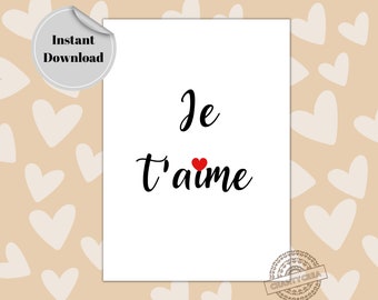 Je taime | I love you Card in French | Anniversary Card | Printable Valentines Day Card | Valentines card for her him|  Instant Download