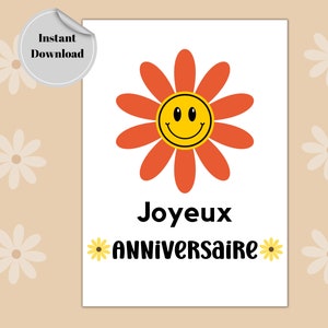 Joyeux anniversaire | French Birthday Card | Smiley Printable Birthday Card | Sunflower birthday Card | Preppy Birthday | INSTANT DOWNLOAD