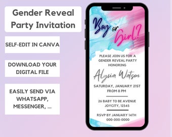 Electronic Gender Reveal Digital invite | Editable Template Gender Reveal invitation | Baby Gender announcement Video evite