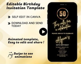 Electronic 50th birthday invitation | Digital Birthday Party Invite | Black and Gold Evite |  Editable Template  | Instant Download