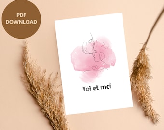 Toi et moi couple line art | Valentines day card for her or him |  Romantic love cards for everyday | French language | Instant download