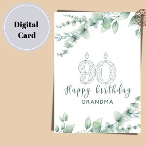 90ste verjaardagskaart | Aangepaste gelukkige verjaardagskaart voor opa, oma, mama en papa | Aquarel Eucalyptus verjaardagskaart | Pdf-download