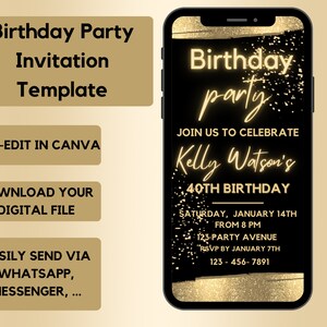 Electronic Digital birthday invitation with animations | Black and Gold glitter Birthday Invite Template | Editable Text | ANY AGE