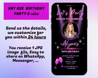 Invitación de fiesta de cumpleaños electrónica para mujeres niñas / Invitación de cumpleaños personalizada / Fiesta de luz de neón púrpura Evite / Fiesta de fotos Evite / CUALQUIER EDAD