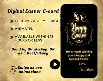 Electronic Happy Easter Card  | Personalized Easter Card | Animated E-Card For texting | Black and Gold Easter Bunny  | Digital Download