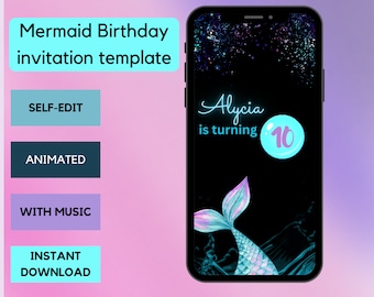 Electronic Mermaid birthday invitation template |  Editable Digital Video invitation | Under The Sea Birthday Party invite | Phone E-vite