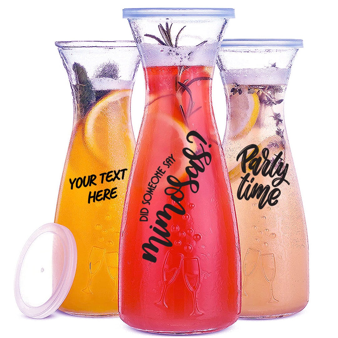 Custom Mimosa Bar Glass Carafe With Lid 27 or 34 Ounces Add Your Text