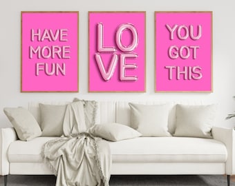 Set of 3 pink wall art, trendy art prints, printable wall art, preppy wall art, hot pink, art decor, dorm room art, girly wall art