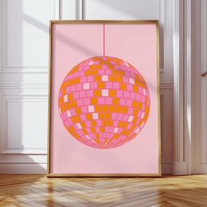 Pink and orange disco ball art, pink orange pictures, dorm decor, dorm wall art, trendy room decor, trendy wall art, digital downloads print