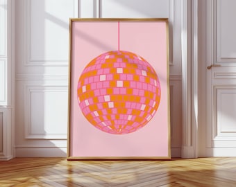 Pink and orange disco ball art, pink orange pictures, dorm decor, dorm wall art, trendy room decor, trendy wall art, digital downloads print