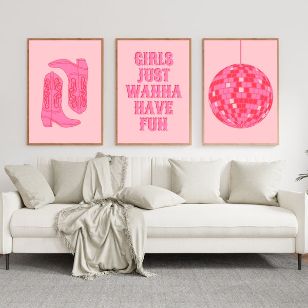 Girls just wanna have fun print, pink wall art, digital download wall collage, disco ball print, cowboy boot art, trendy wall decor