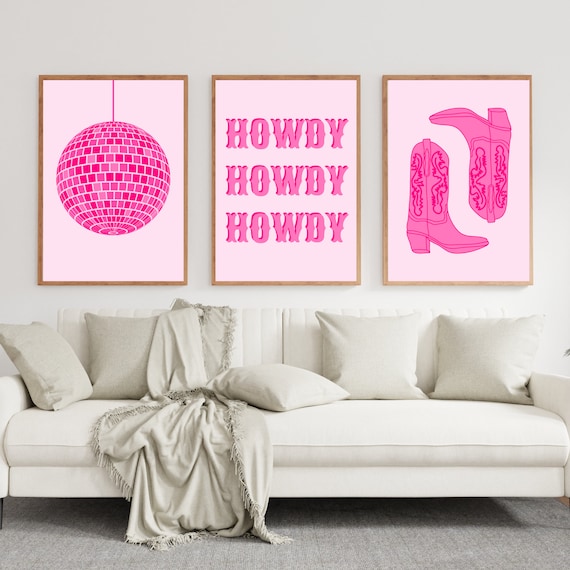 Pink Wall Art Set Howdy Print Hot Pink Room Decor Disco Etsy