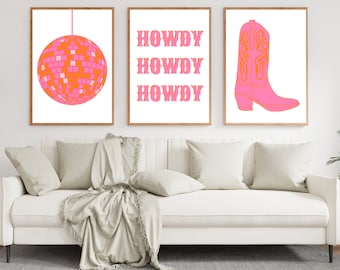 Pink and orange wall art set, set of 3 art, western art prints, girly room decor, disco ball, howdy print, dorm decor, digital downloads