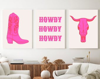 Trendy howdy prints set of 3, pink wall collage, printable art, pink posters