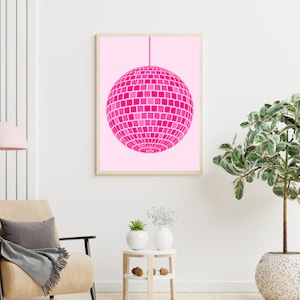 Pink disco ball poster, pink wall art, dorm decor, trendy room decor, digital download