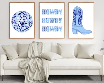 Juego de 3 piezas de arte de pared en azul marino y azul claro, decoración de dormitorio, arte para dormitorio, decoración de habitación azul claro, bola de discoteca, póster de "Hola", descargas digitales