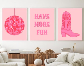 Pink western wall art set, have more fun poster, photo collage kit, printable collage kit, trendy collage, set of 3 art print