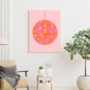 Pink and orange disco ball art, pink orange pictures, dorm decor, dorm wall art, trendy room decor, trendy wall art, digital downloads print