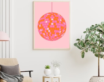 Pink and orange disco ball art, pink orange pictures, dorm decor, dorm wall art, trendy room decor, trendy wall art, digital downloads print