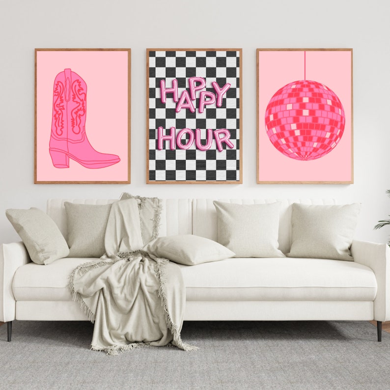 Pink and Black Wall Art Set of 3 Happy Hour Print Disco Etsy