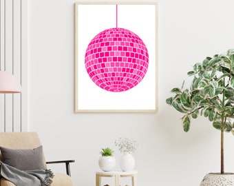 Pink disco ball poster, pink wall art, dorm decor, trendy room decor, preppy wall art, room decor, digital download