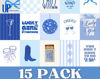 Collage de arte de pared azul, paquete de 15 impresiones, decoración de dormitorio, pósteres de moda, arte de pared de galería
