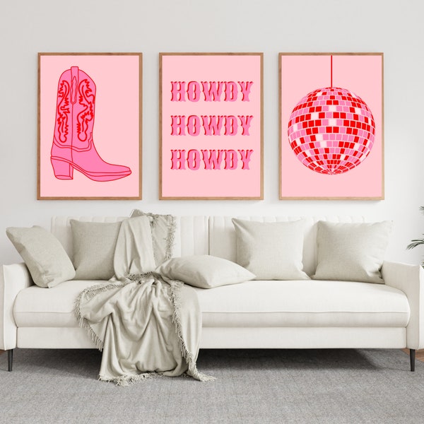 Pink and red wall art set of 3, trendy room decor, pink wall art, dorm decor, trendy wall collage, disco ball, howdy, digital downloads