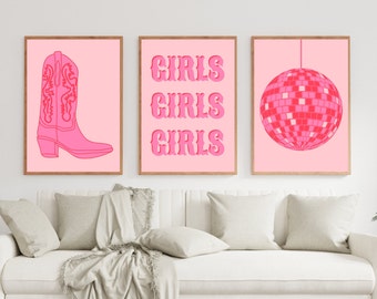 May include: Three pink framed prints with a pink cowboy boot, the word "GIRLS" repeated three times, and a pink disco ball.