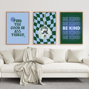 Paquete de arte de pared azul y verde, pared de galería, decoración de habitación estética, decoración de habitación retro, arte de pared de descarga digital