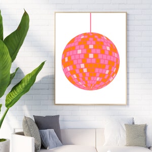 Disco Print, Pink and orange wall art, disco ball, pink and orange room decor, trendy wall art, dorm decor, digital download