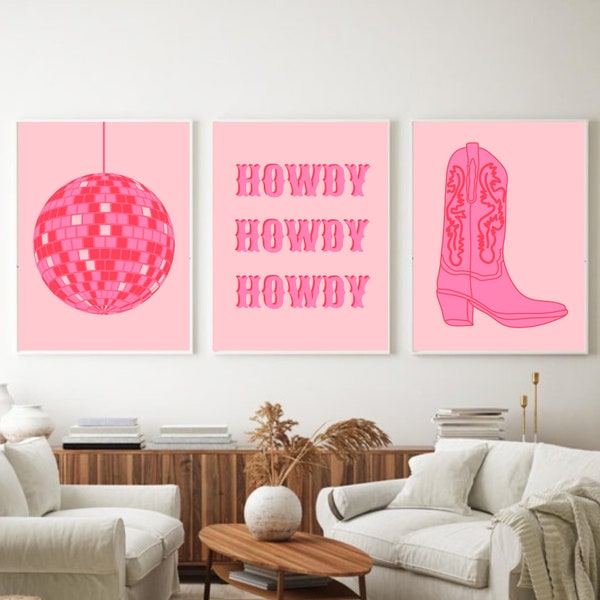 Conjunto de arte de pared occidental rosa, kit de collage de fotos, kit de collage imprimible, collage de moda, conjunto de 3 impresiones artísticas