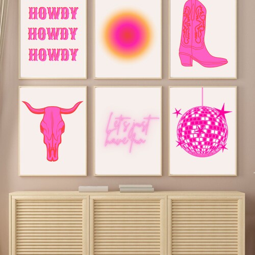 Pink Wall Collage Set Pink Wall Art Howdy Wall Art Picture Etsy