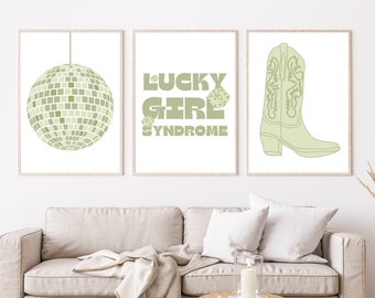 Sage green gallery wall art, disco dorm decor, sage posters bedroom art, lucky girl, trendy wall art, digital download, printable wall art