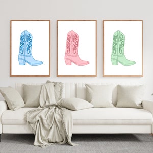 Set of 3 wall art set, pastel prints, cowboy boot art, trendy wall art, dorm decor, apartment, digital download