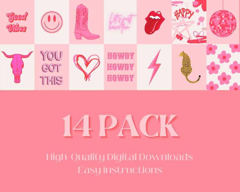 Pink Wall Collage Kit Preppy Wall Art Pink Wall Decor Girls Etsy