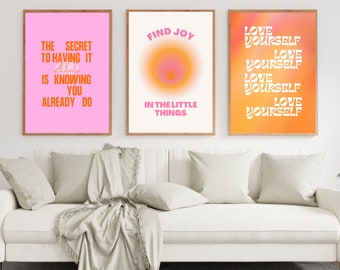 Pink and orange wall art set of 3, wall collage, bedroom decor, dorm decor, pink wall art, motivational poster, digital downloads