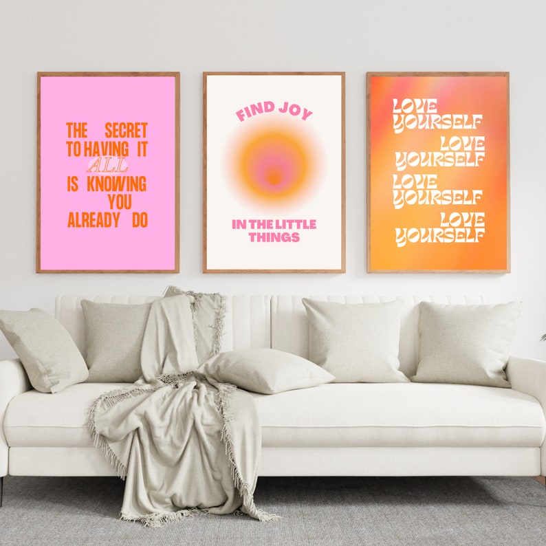 Pink and Orange Wall Art Set of 3 Wall Collage Bedroom Etsy