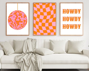 Pink and orange wall art set of 3, pink prints, disco print, wall collage, digital downloads, printable wall art