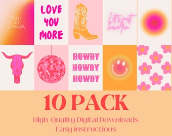 Pink wall collage pack, set of 10 art prints, printable wall art, pink and orange wall art, picture wall prints, dorm room decor