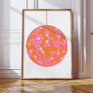 Disco Print, Pink and orange wall art, disco ball, pink and orange room decor, trendy wall art, dorm decor, digital download