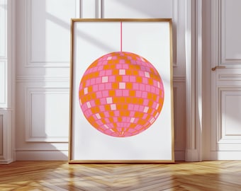 Disco Print, Pink and orange wall art, disco ball, pink and orange room decor, trendy wall art, dorm decor, digital download