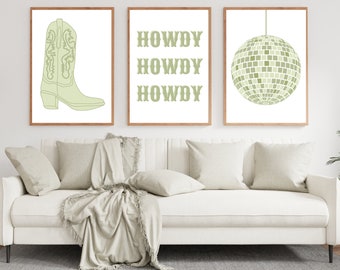 Sage green Wall art set, howdy print, disco ball, sage green room decor, dorm wall art, aesthetic wall art, pastel, digital download