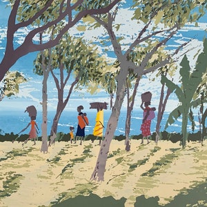 Enrica Marshall&#39;s Vintage African Village Art, &quot;Morning Journey&quot; unframed 9 1/2&quot; x 11 1/2&quot; serigraph, limited under 10, 50% off the price.