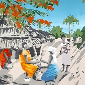 Enrica Marshall Vintage African Village Art, &quot;Preparando para una comida&quot; sin enmarcar 5 1/2&quot; x 6&quot; serigrafía, limitada a menos de 20, 30% de descuento en el precio.