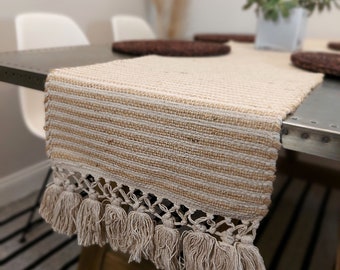 Handwoven Cotton and Jute Table Runner with Tassels