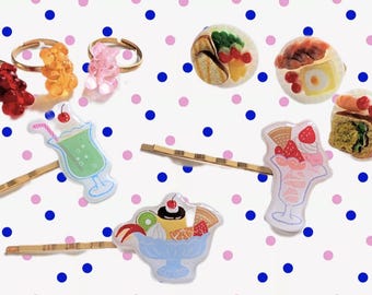 Conjunto de anillos Gummy Bear Dream y conjunto de pinzas para el cabello Retro Cafe Parfait, conjunto de anillos Breakfast Plate